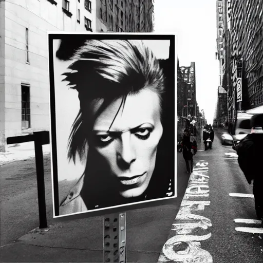 Prompt: Emotional pictures of David Bowie printed on a New York street sign in the style of WEEGEE , 8k, b/w photorealistic imagery, trending on artstation, artstationHQ, artstationHD