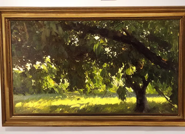 Image similar to oil painting of translucent pears on tree by greg manchess, backlit leaves by anders zorn, landscape by greg rutkowski