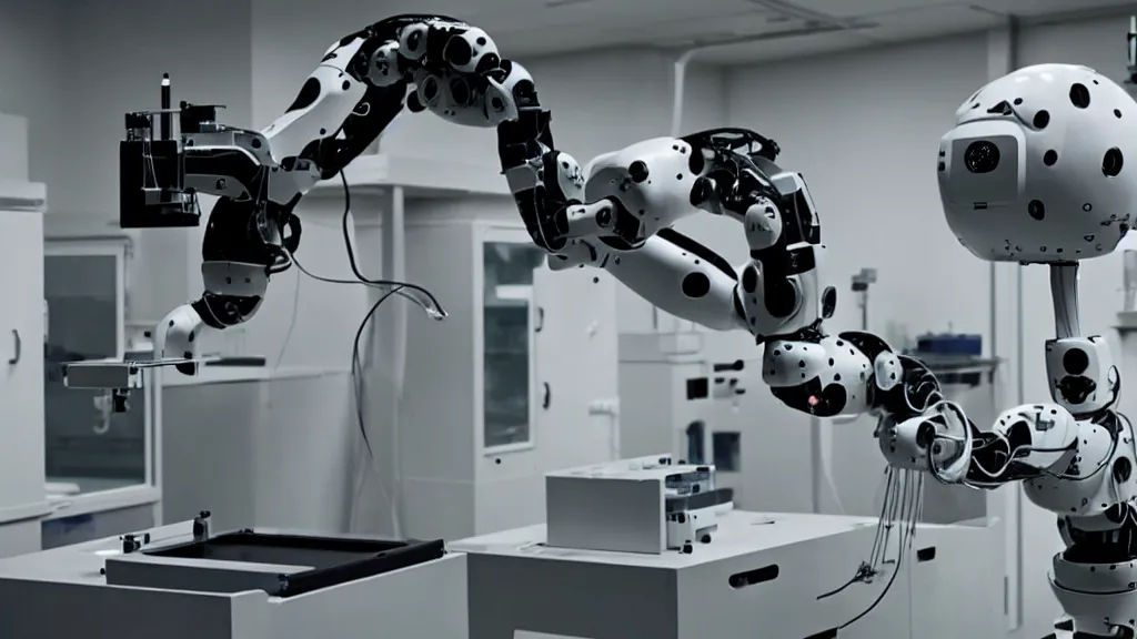 Image similar to a complex bifurcated robotic cnc surgical arm hybrid mri 3 d printer machine making black and white ceramic mutant forms in the laboratory inspection room, film still from the movie directed by denis villeneuve with art direction by salvador dali, wide lens