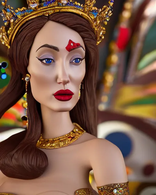 Prompt: highly detailed closeup, face profile portrait of a tin toy angelina jolie as a fairytale princess wearing a crown and sitting on a throne, bikini, depth of field, edvard munch, wassily kandinsky, breathtaking, detailed and intricate environment, 8 k resolution, hyperrealistic, octane render