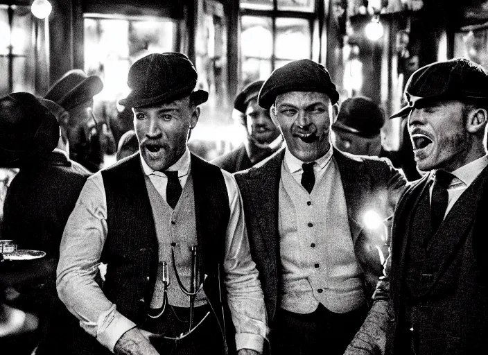Prompt: an celebration in a bar from the series peaky blinders, close up jensen ackles, happy, joyful, laughter, celebration, detailed and symmetric faces, black and white, cinematic, epic,