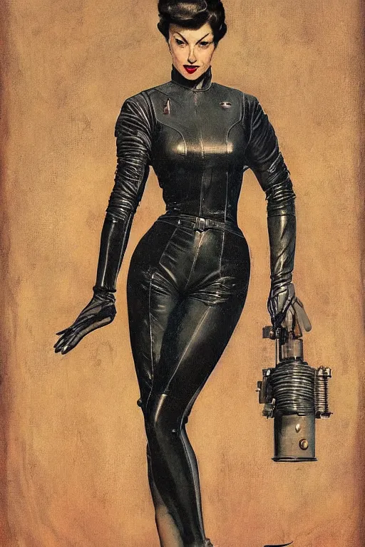 Image similar to 5 0 s pulp scifi fantasy illustration full body portrait elegant slim mature woman in leather spacesuit, dynamic, by norman rockwell, roberto ferri, daniel gerhartz, edd cartier, jack kirby, howard v brown, ruan jia, tom lovell, frank r paul, dean cornwell, astounding stories, amazing, fantasy, other worlds