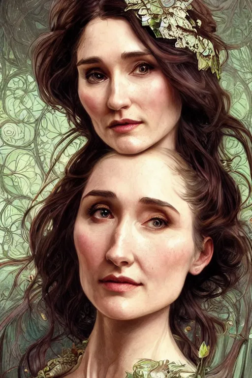 Image similar to carice van houten, anatomy, cute, fantasy, bright, intricate, elegant, highly detailed, digital painting, 4 k, hdr, concept art, smooth, sharp focus, illustration, art by artgerm and h r giger and alphonse mucha