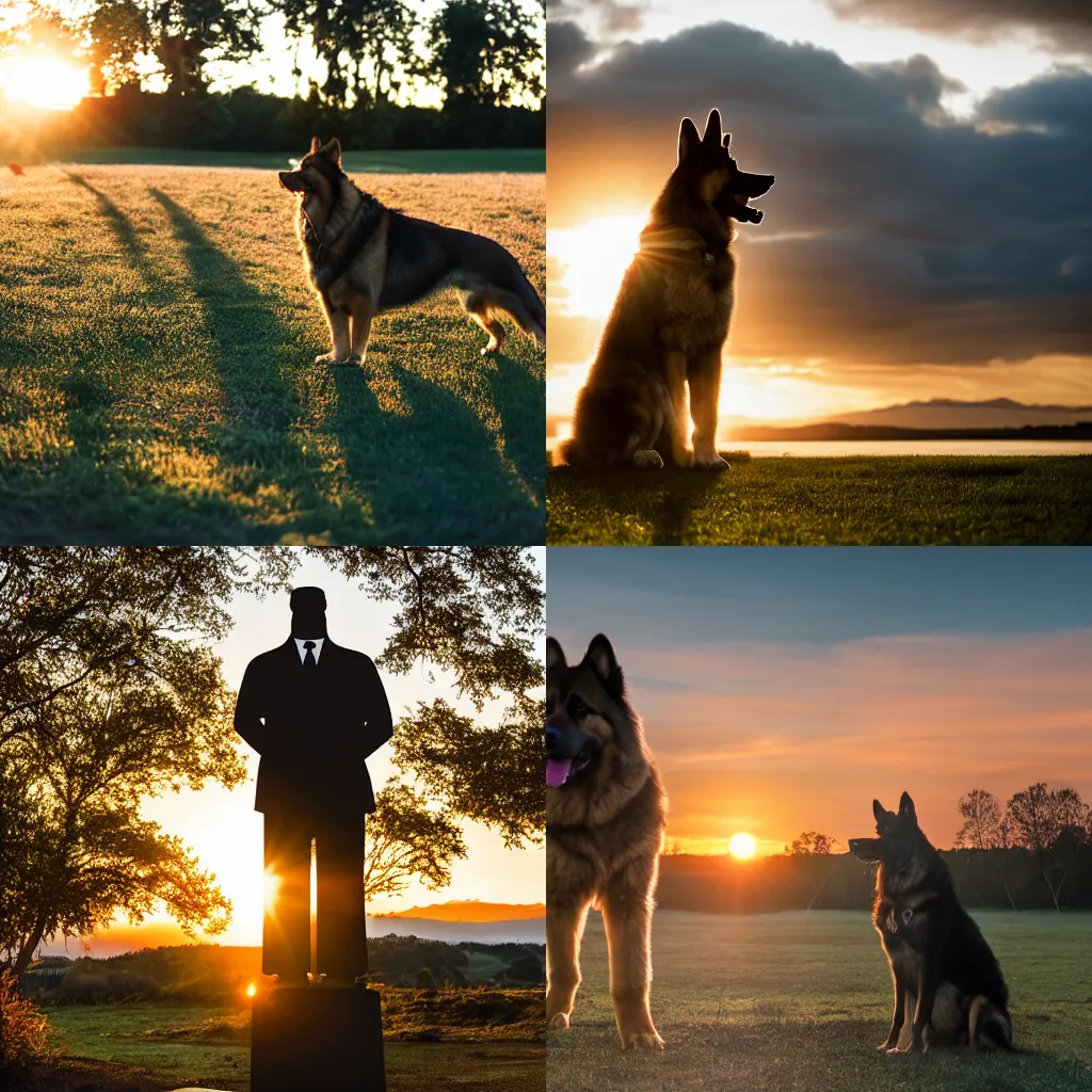 Prompt: Giant alsatian and Michael McIntyre sunset, backlit, photograph, Sony A7III, 35mm, f2,5