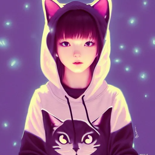 Image similar to very small little girl in a cat hoodie by ross tran, sitting in a dark room by sana takeda, rtx reflections, very high intricate details, digital anime art by artgerm, medium shot, mid - shot, composition by ilya kuvshinov, lighting by greg rutkowski