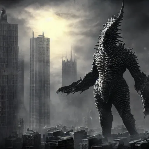 Prompt: Kaiju towering above New York, dark souls concept art, dramatic lighting, highly stylized, high-quality wallpaper, desktopography W-1024