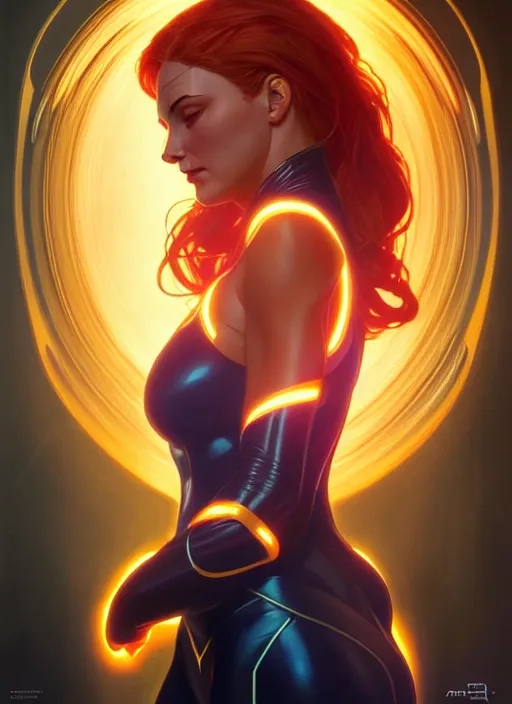 Image similar to symmetry portrait of jean grey from 9 0 s x - men, glowing lights, intricate, elegant, highly detailed, digital painting, artstation, concept art, smooth, sharp focus, illustration, art by artgerm and greg rutkowski and alphonse mucha