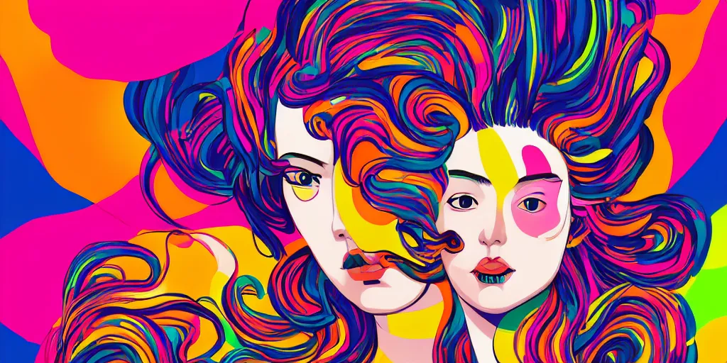 Image similar to a digital painting of a woman with colorful hair, a pop art painting by tomokazu matsuyama, behance contest winner, psychedelic art, psychedelic, 2 d, digital illustration