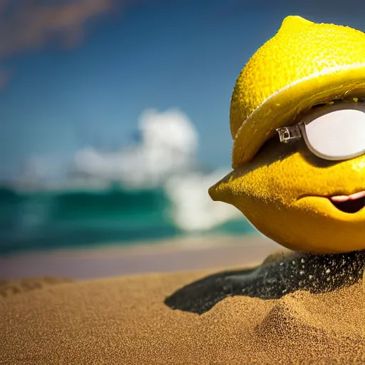 Image similar to 5 0 mm photograph, of a real anthropomorphic lemon character, with lemon skin texture, it is wearing a hat and scuba diving, building a sandcastle on the beach at sunset, beach, huge waves, sun, clouds, tropical trees, rim light, cinematic photography, professional, sand, sandcastle, volumetric lightening