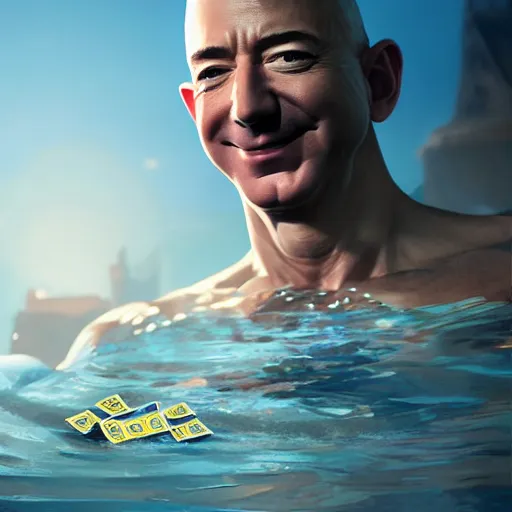 Image similar to jeff bezos swimming in a pool of cash, 4 k, photography, ray tracing, octane render, extremely detailed, digital art, trending on artstation, greg rutkowski