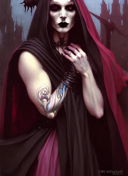 Image similar to female goth necromancer, robes, full body, hyper realistic, extremely detailed, dnd character art portrait, dark fantasy art, intricate fantasy painting, dramatic lighting, vivid colors, deviantart, artstation, by edgar maxence and caravaggio and michael whelan and delacroix.