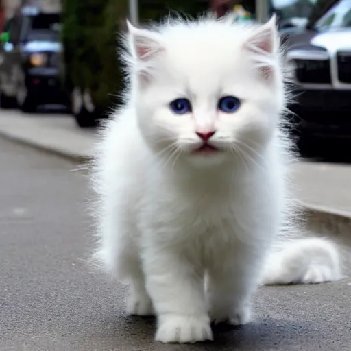 Prompt: an enormous adorable fluffy white kitten playfully terrorizes Manhattan