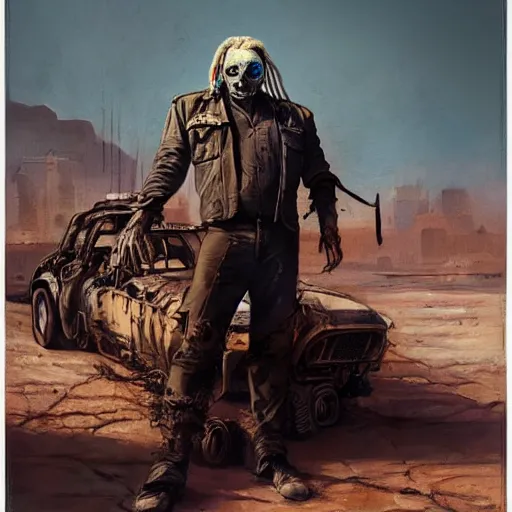 Prompt: Portrait of Immortan Joe by Greg Rutkowski. He is making an announcement from his war rig in the desert by Mark Arian. It is bright and desolate and rusty by H.R. Giger. soft render, octane, highly detailed painting by Moebius. artstation Blank Canvas Scene by Tetsuya Nomura.