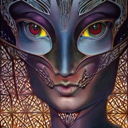 Image similar to beautiful closeup portrait of an art deco witch, glowing eyes. reflective detailed textures, moth wings, highly detailed dark fantasy science fiction painting by michael whelan and diego rivera and annie swynnerton and jean delville, elaborate geometric ornament, ancient runes, silver and cool colors. artstation