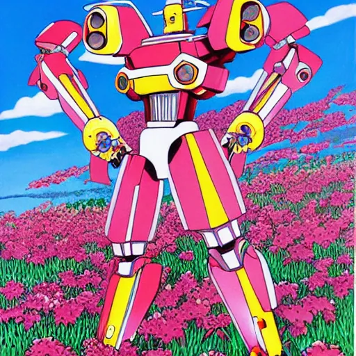 Prompt: a beautiful painting of a muscular humanoid mecha enemy stand in a field of flowers by hiroshi nagai and hirohiko araki, detailed line art