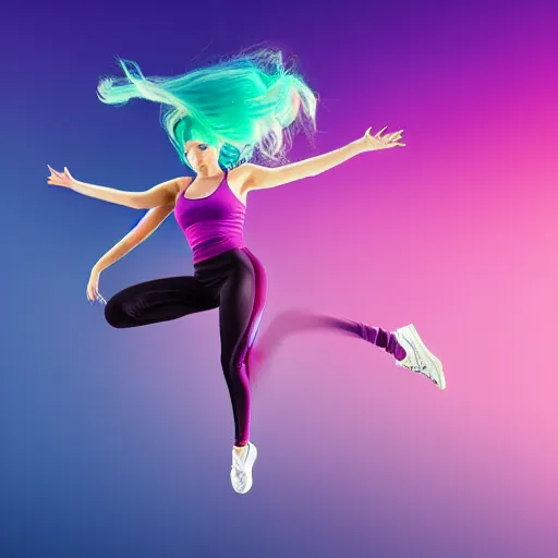 Image similar to a award winning half body shot of a beautiful woman in a croptop and leggings with a ombre purple pink teal hairstyle with head in motion and hair flying, outrun, vaporware, highly detailed, fine detail, intricate