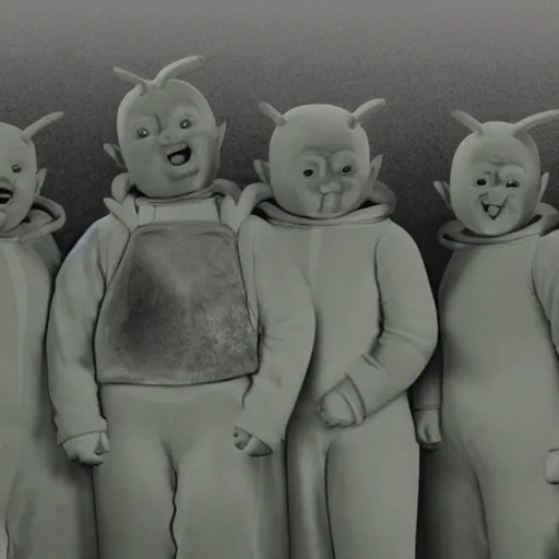 Prompt: photorealistic photo of creepy teletubbies