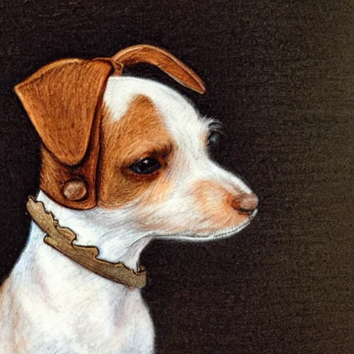 Prompt: closeup candid portrait of jack russel terrier thinking, titled head, light bulb, illustrated by peggy fortnum and beatrix potter and sir john tenniel