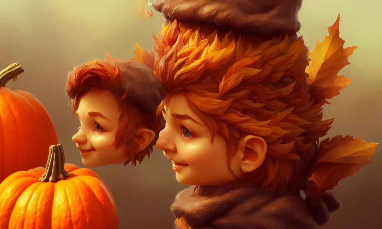 Image similar to hand drawn cute one gnomes face in autumn and pumpkin, detailed closeup face, concept art, low angle, high detail, warm lighting, volumetric, godrays, vivid, beautiful, trending on artstation, art by artgerm and greg rutkowski and alphonse mucha