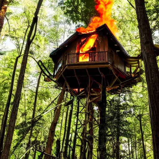 Prompt: outdoors photograph of a treehouse burning in the forest, tragic, big flames, bokeh, vibrant, passionate, astonishing nature