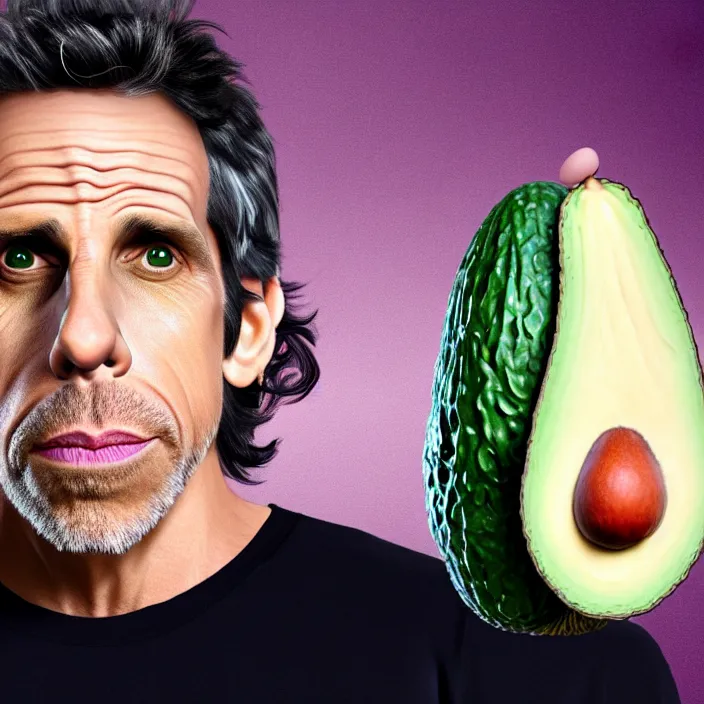 Image similar to ultra realistic illustration of ben stiller in the lotus position meditating with closed eyes, balancing stack of avocado on his head