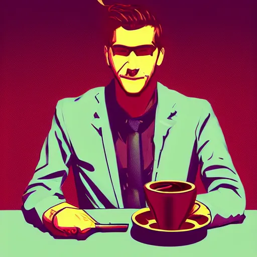 Prompt: portrait of a handsome startup CEO having a cup of coffee. cyberpunk style, digital art