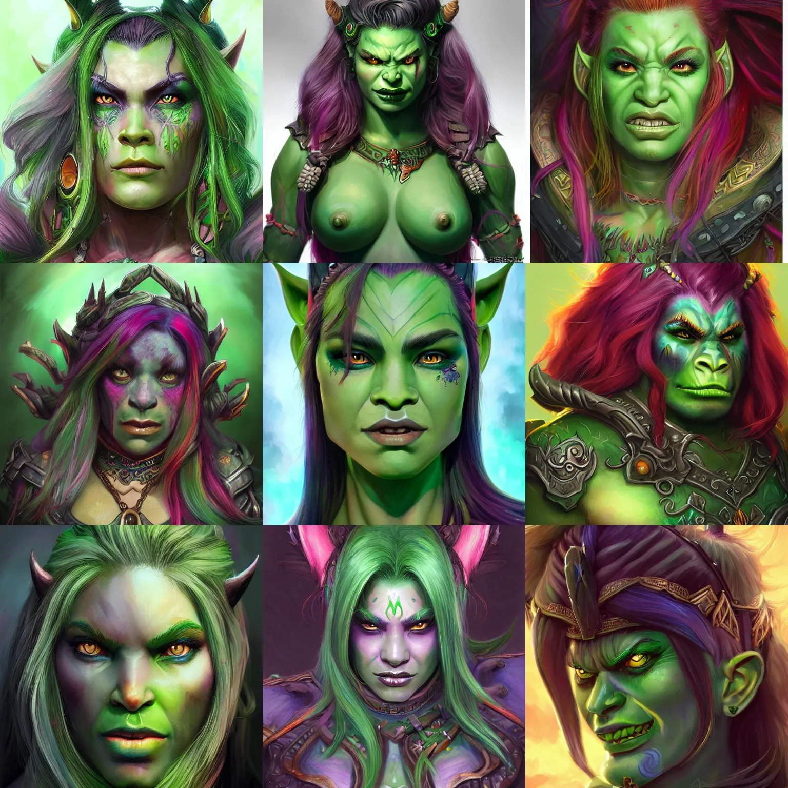 Prompt: beautiful greenskin orc girl with multicolored - rainbow hair character world of warcraft portrait, concept art, intricate details, highly detailed photorealistic portrait in the style of adam hughes, seseon yoon, artgerm and warren louw