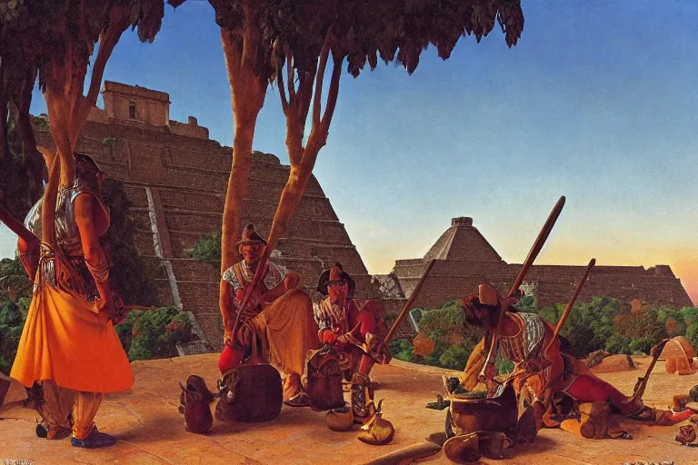 Image similar to painting of a spanish conquistadors at the aztec pyramids, jungle, sunset, chill, romantic, by ludwig deutsch and maxfield parrish, patterned tilework, extremely detailed, cinematic lighting, smooth sharp focus