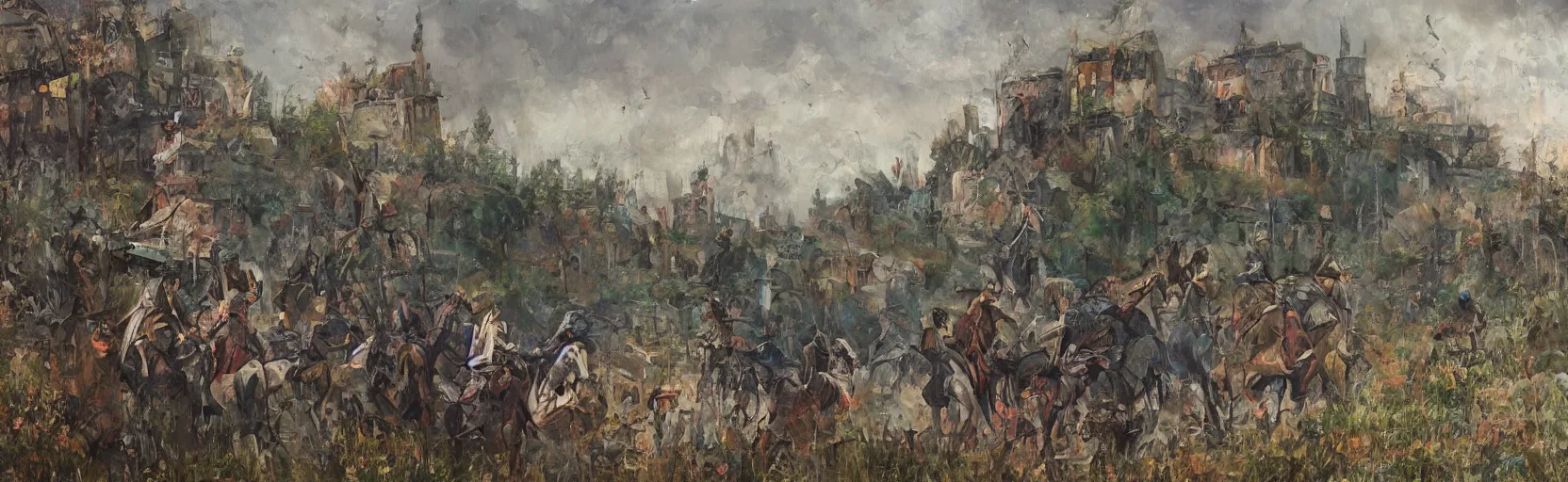 Image similar to horseback knights at scenic overlook; cloudy, grey skies, walled fort city deteriorating office buildings in background on hill; forest; la Bastille, post apocalyptic, grungy; oil on canvas, colorful, artstation