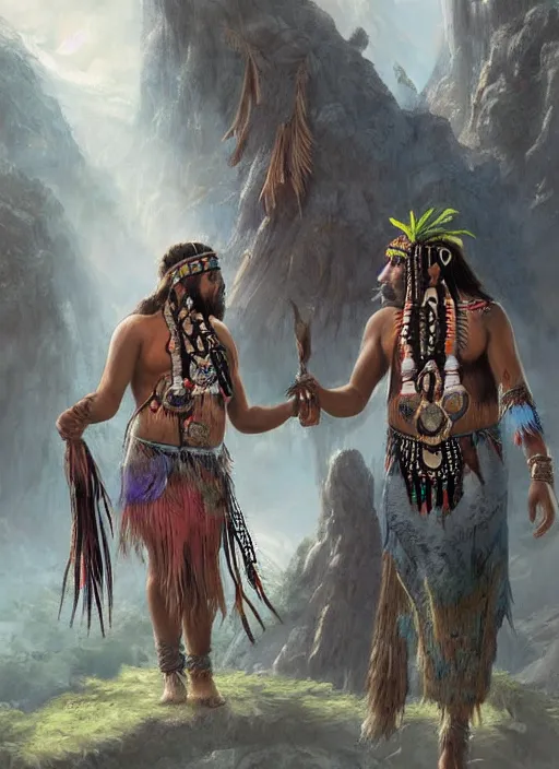 Prompt: two indigenous people trusting each other, fantasy art, matte painting, hightly detailed