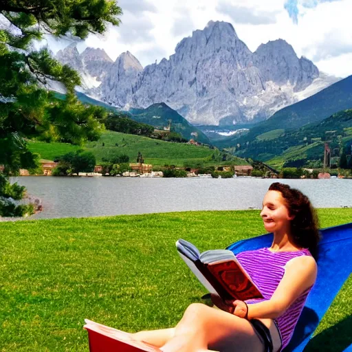 Image similar to my italian wise friend on a hammock, reading the book about love, mountains in a background