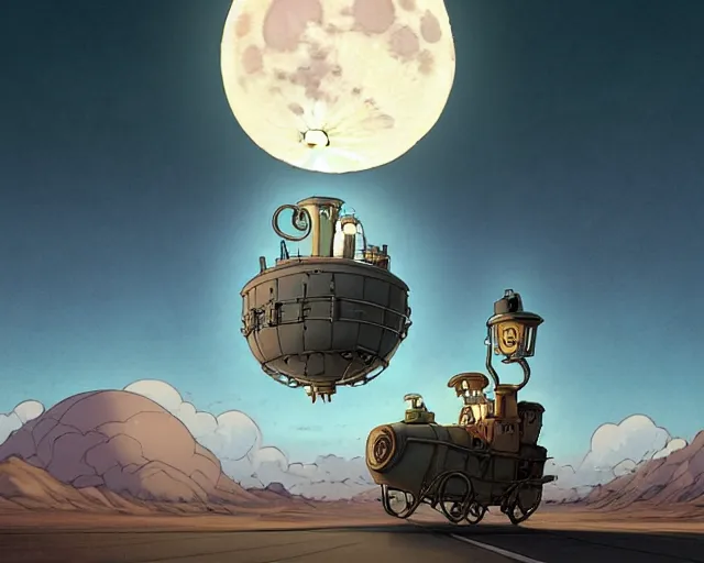 Image similar to a cell shaded cartoon grey lovecraftian mechanized lightbulb from howl's moving castle ( 2 0 0 4 ), with a big head, on a desert road, wide shot, in front of a big moon, muted colors, post grunge, josan gonzales, wlop, by james jean, victor ngai, hq, deviantart, art by artgem