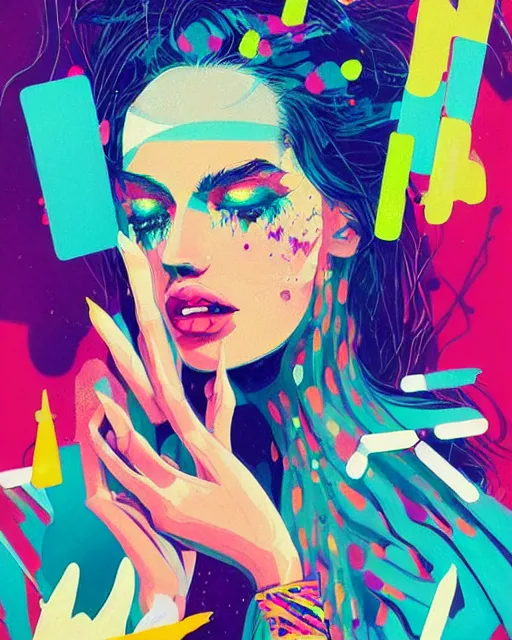 Image similar to an ultradetailed beautiful painting of a stylish woman with colorful band aids, rave concert poster, retro, conrad roset, greg rutkowski, flume cover art,