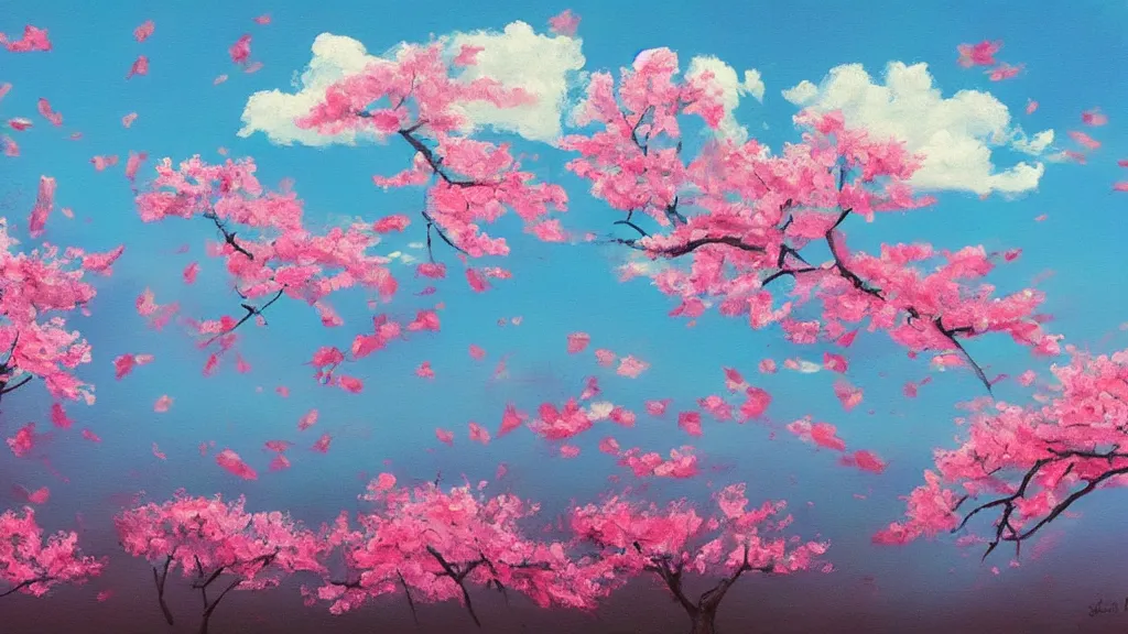 Prompt: loose painting of a beautiful peaceful whimsical landscape, cherry blossoms, sky, clouds, flamingos, high key lighting, influenced by tim burton, by john duval and sargent