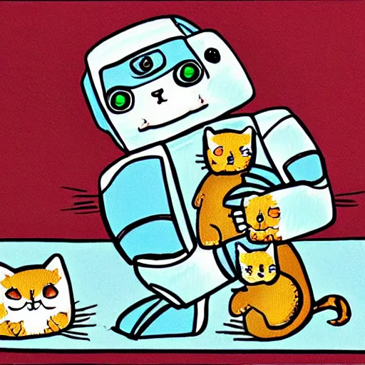 Prompt: a robot cuddling kittens, cartoon