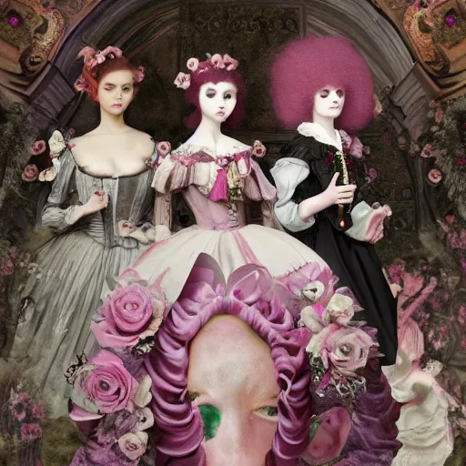 Prompt: 8k, realism, octane render, renaissance, rococo, baroque, group of creepy young ladies wearing renaissance long harajuku manga dress with flowers and skulls, background chaotic flowers
