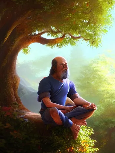 Image similar to a grumphy man, meditating under a bodhi tree. intricate, elegant, highly detailed, digital painting, artstation, concept art, sharp focus, illustration, by justin gerard and artgerm, 8 k