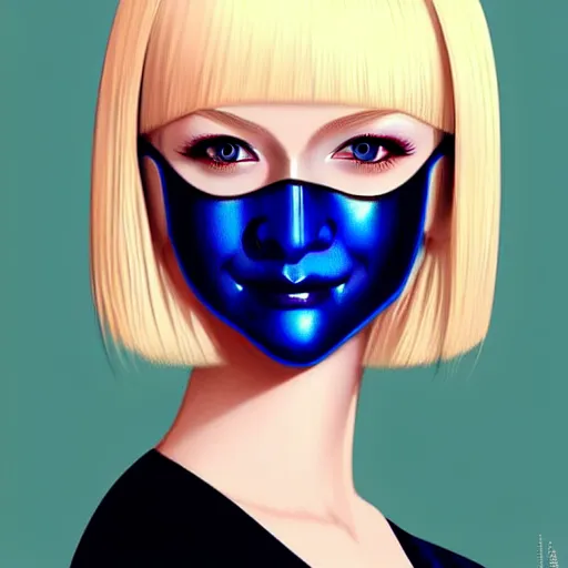 Image similar to android robot woman face painting, black facemask, blond bob haircut, beautiful detailed blue eyes, looking straight to camera, muted colors, matte print, pastel colors, ornate, digital art, cute smile, winning artwork, digital painting, professional art, elegant, by Ilya Kuvshinov, by artgerm