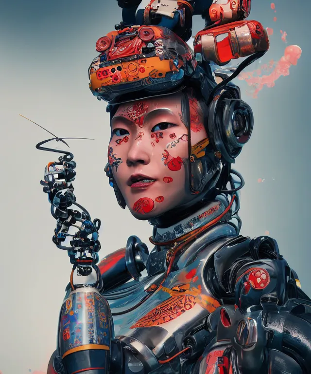 Image similar to an epic fantastic realism comic book style portrait painting of a japanese robotic geisha with kanji tattoos and decals, apex legends, octane render, intricate detail, 4 k hd, unreal engine 5, ex machina, irobot