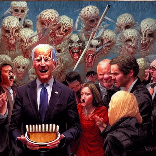 Image similar to epic Joe Biden eats waffle cone ice cream in pandemonium, demons and souls, portrait, art by Wayne Barlowe, oil on canvas