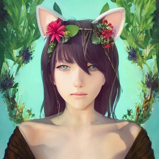 Image similar to a stunning portrait of an olive - skinned witch with cat ears wearing an ornate flower dress, by makoto shinkai, wlop, andrei riabovitchev, sakimichan, summer vibes, very coherent symmetrical artwork, perfect face, studio lighting, smooth, sharp focus, 4 k, masterpiece, trending on artstation