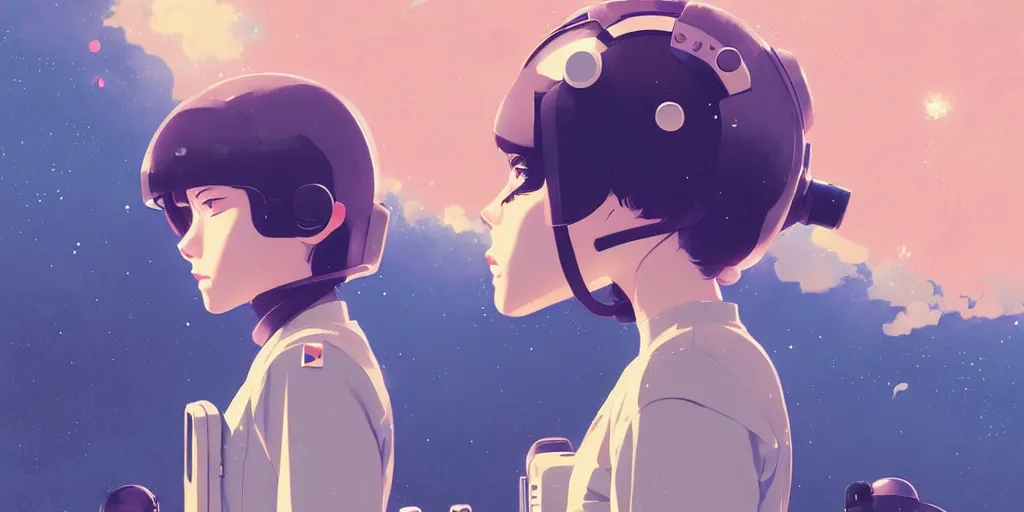 Image similar to portrait of a girl with astronaut helmets by ilya kuvshinov, cloudy sky background lush landscape ln illustration concept art anime key visual trending pixiv by victo ngai fanbox by greg rutkowski makoto shinkai takashi takeuchi studio ghibli