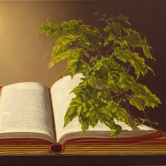 Image similar to still life painting of large book and greenery by tony ackland, oil on canvas, strong lighting, highly detailed, hyper realism, golden hour, god rays, hd, 4 k