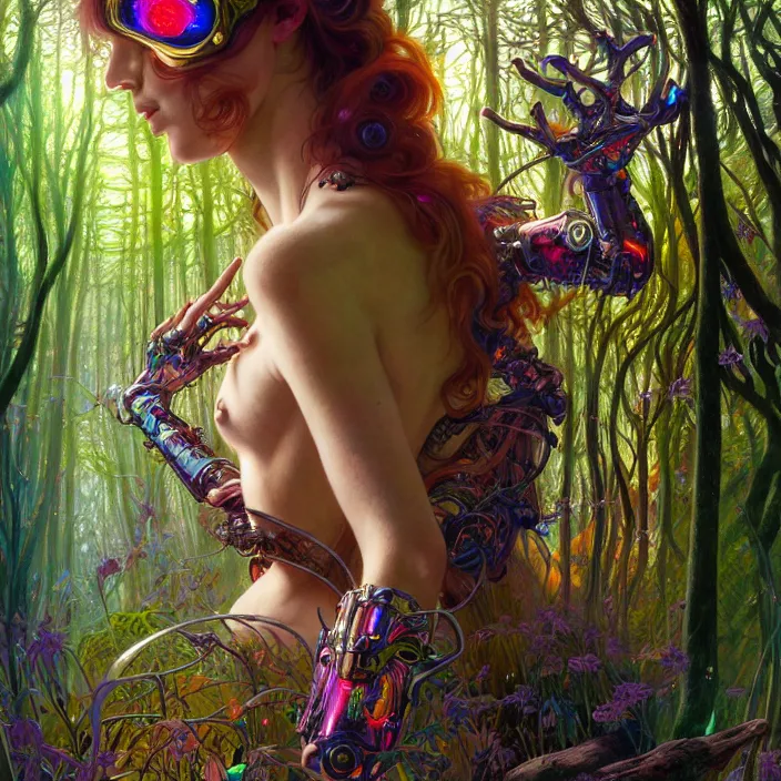 Prompt: bright psychedelic portrait of genius organic cyborg in an ancient forest, diffuse lighting, fantasy, intricate, elegant, highly detailed, lifelike, photorealistic, digital painting, artstation, illustration, concept art, smooth, sharp focus, art by John Collier and Albert Aublet and Krenz Cushart and Artem Demura and Alphonse Mucha