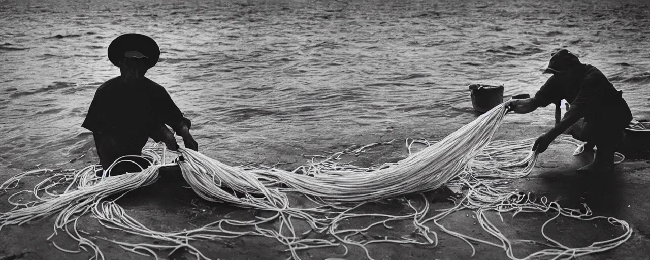 Image similar to fisherman pulling up a fresh catch of spaghetti from the ocean, canon 5 0 mm, cinematic lighting, photography, retro, film, kodachrome