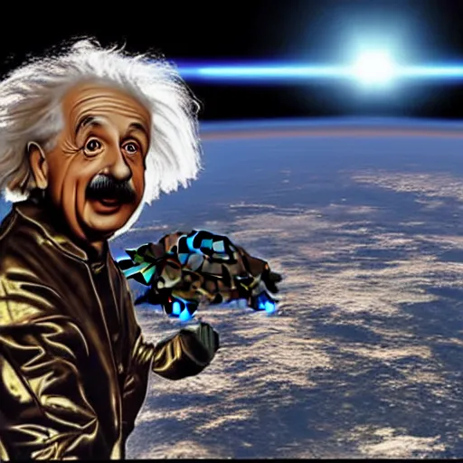 Prompt: still photo of surprised albert einstein in spacesuit, flat earth on three turtles at background, highly detailed, photorealistic shot, bright studio setting, studio lighting, crisp quality and light reflections, unreal engine 5 quality render