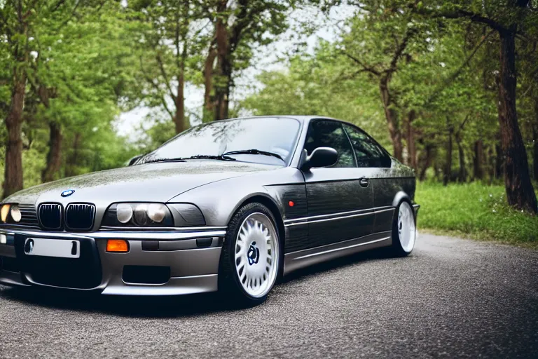 Image similar to A BMW e36 parked in a road with trees, summer season, Epic photography, taken with a Canon DSLR camera, 50 mm, depth of field