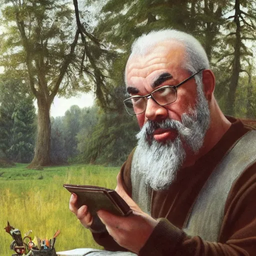Prompt: Gary Gygax Gary Gygax plays dungeons and dragons in the middle of a field, game dungeons and dragons, Rye (Shishkin), painting by Ivan Shishkin, Ernest Gary Gygax face, photo by Gary Gygax, painting by Valentin Serov, oil painting, hyperrealism, beautiful