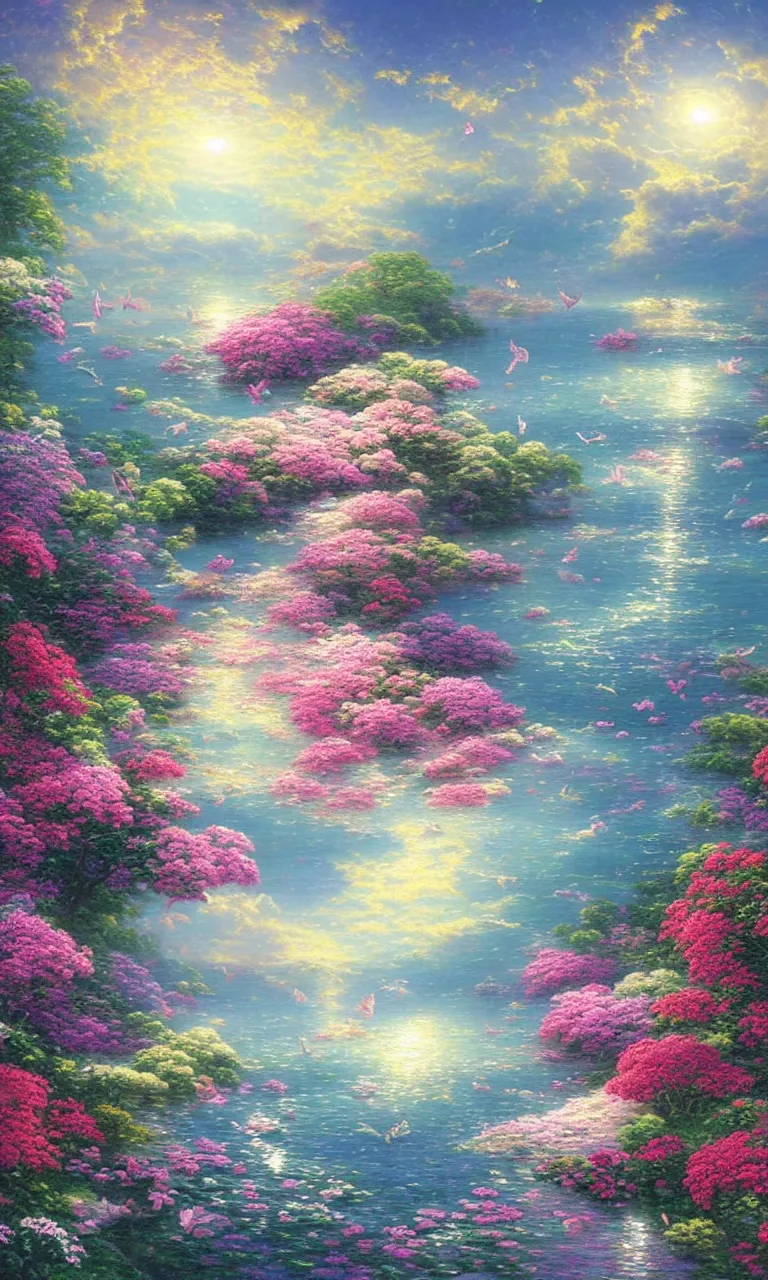 Prompt: a beautiful painting of many peony sea, moon, palace, cloud, butterflies, light effect ， fine lines, by thomas kinkade and yuumei