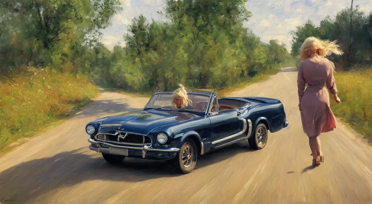 Prompt: 1950 blonde driving a mustang on a country road, Swedish countryside, freedom, dawn, impressionism, realistic, painting by Vladimir Volegov, artstation, beautiful, masterpiece